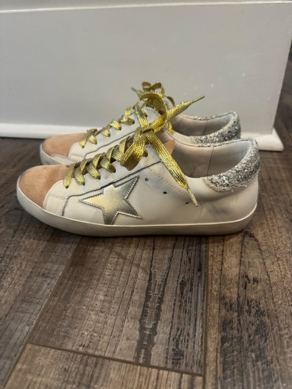 Golden Goose White Sneakers with Gold Star, Gold Laces & Silver Glitter Heel